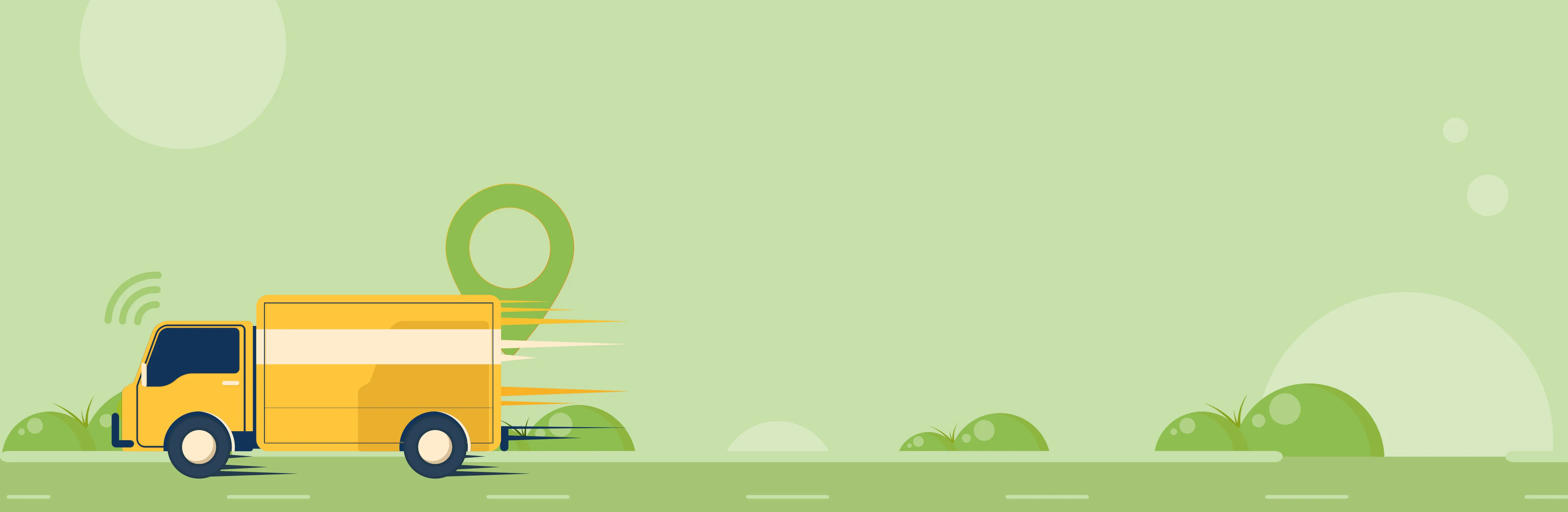 A vector illustration of a fast-moving truck representing the faster supply chain of Manakamana Beverage, set against a green background.