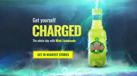 Energizing Mint Lemonade bottle with vibrant electric effects and call-to-action button - Get in Nearest Stores.