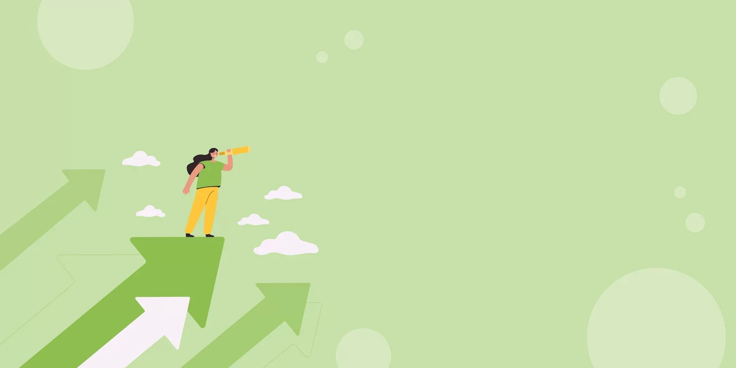 A vector character with binoculars searching for careers in Manakamana Beverage, depicted on a green background with arrows symbolizing growth.