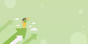 A vector character with binoculars searching for careers in Manakamana Beverage, depicted on a green background with arrows symbolizing growth.